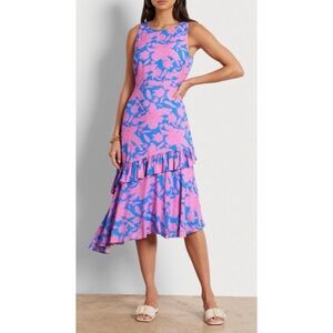 Sam Edelman Asymmetrical Ruffle Floral Sleeveless Midi Dress Pink Blue Cocktail